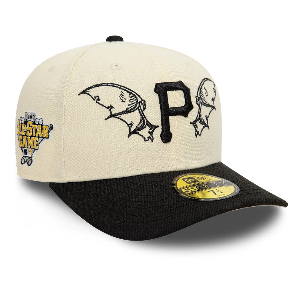 Pittsburgh Pirates MLB Team Wings Light Beige New Era 59FIFTY Fitted Cap, front view showing the raised black P logo with decorative wing embroidery on the beige crown, a black visor with gold 59FIFTY size sticker, and a logo patch on the left side.