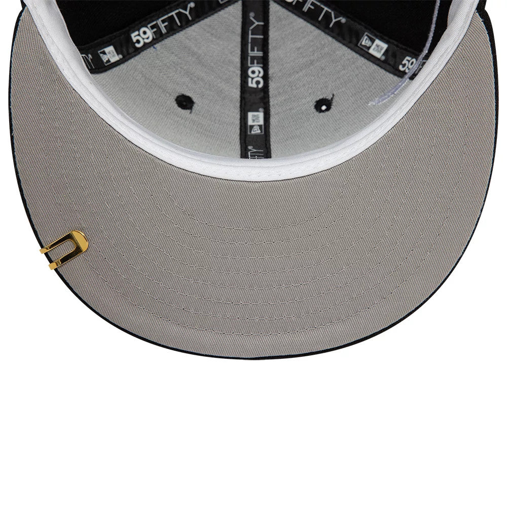 New Era Side Script Black New Era 59FIFTY Fitted Cap, inside view showing grey undervisor, gold clip on the edge, white sweatband, and black 59FIFTY taping crossing the structured black crown.