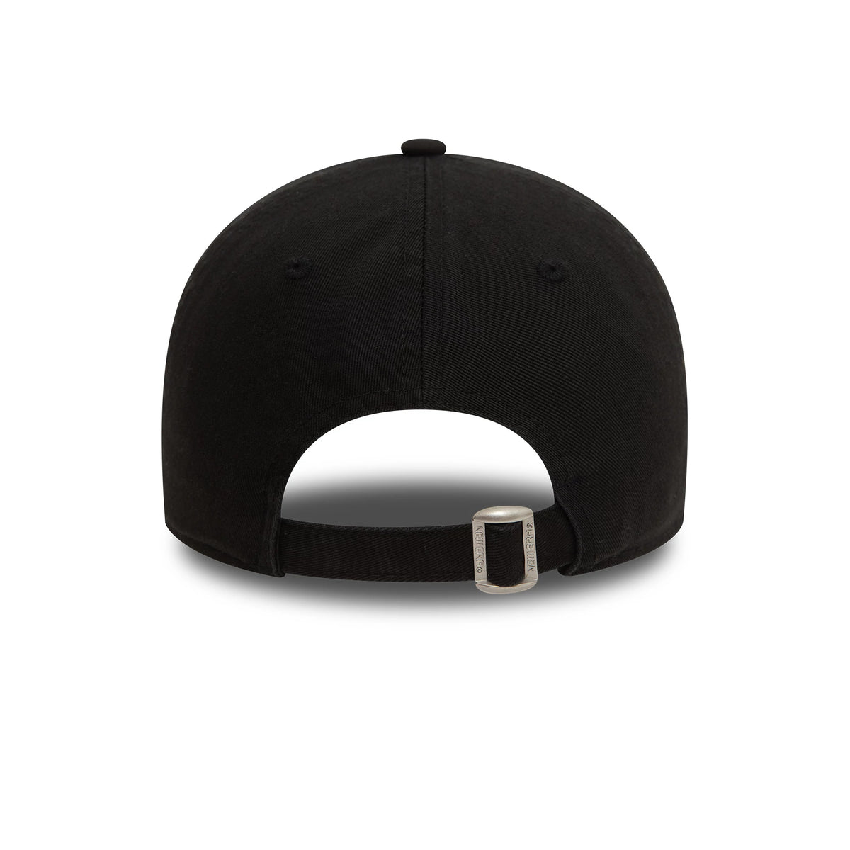 LA Dodgers Washed Black New Era 9TWENTY Adjustable Cap, rear view featuring a silver adjustable buckle on the back strap, with the washed black fabric and top button visible on the curved structure of the cap.
