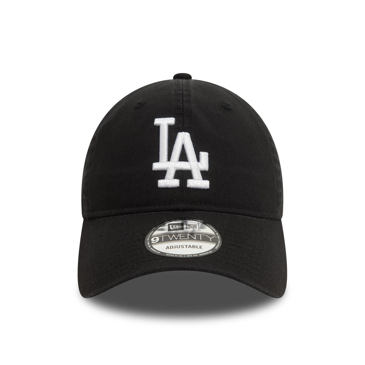 LA Dodgers Washed Black New Era 9TWENTY Adjustable Cap, front view showing the white embroidered LA logo on the front panel, complete with a curved visor featuring a 9TWENTY size sticker on top.