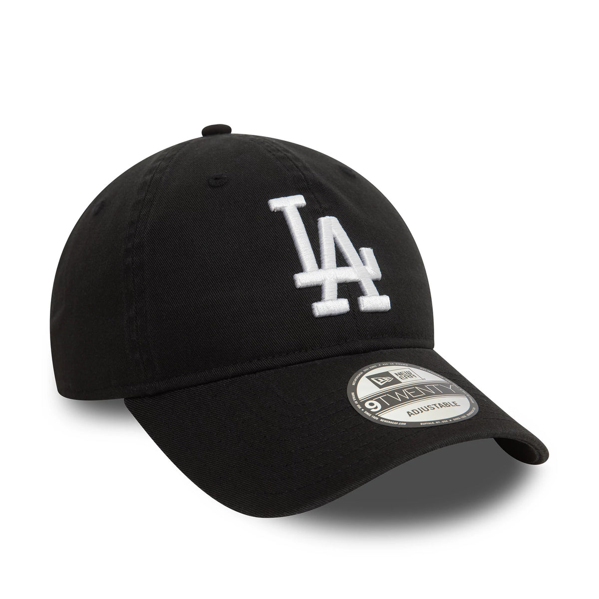 LA Dodgers Washed Black New Era 9TWENTY Adjustable Cap, front view showing a white embroidered LA logo on the structured crown with a curved visor, complete with a 9TWENTY size sticker on top.