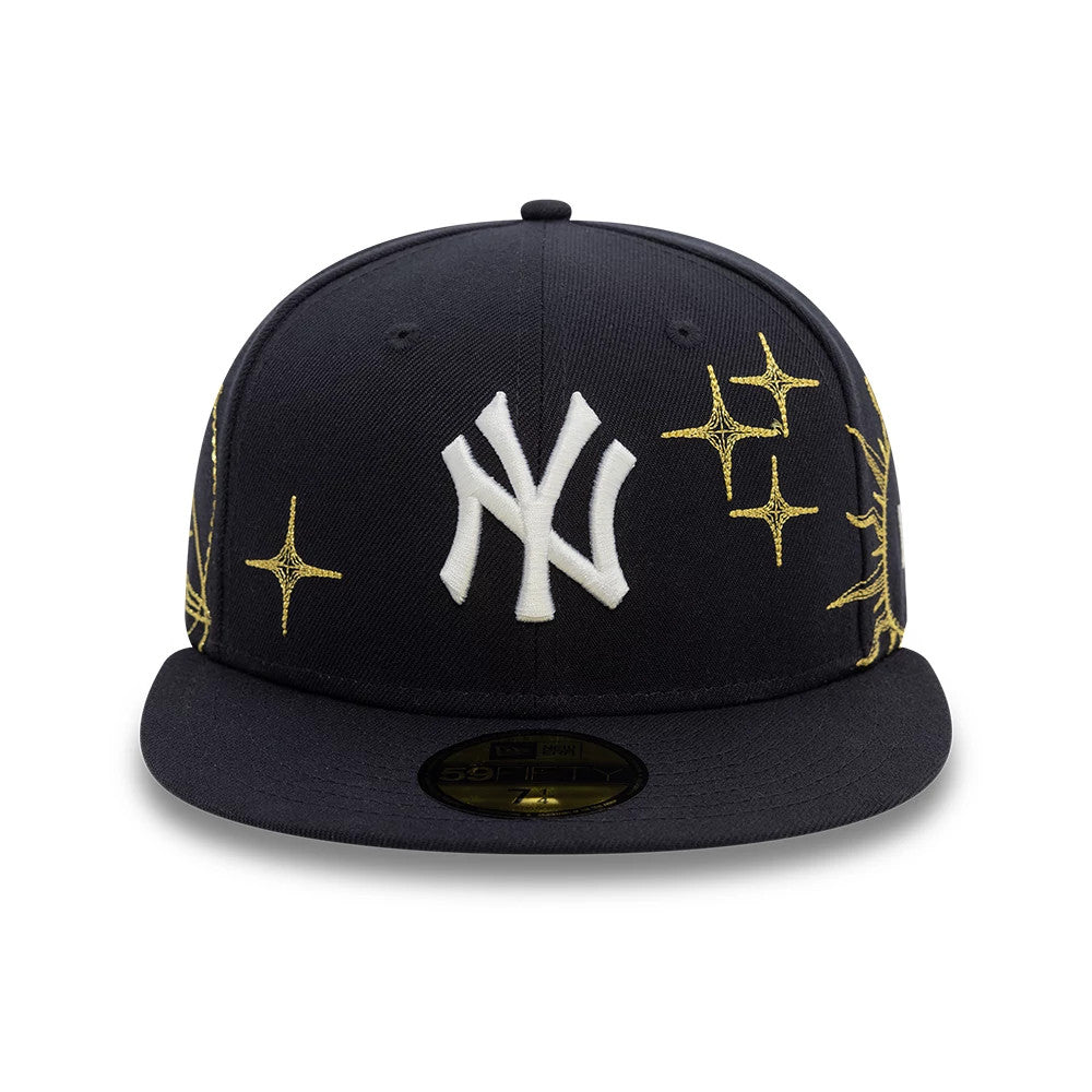 New York Yankees MLB Zodiac Navy New Era 59FIFTY Fitted Cap, front view showing raised white NY logo with gold zodiac embroidery on a structured navy crown, navy visor and gold 59FIFTY size sticker.