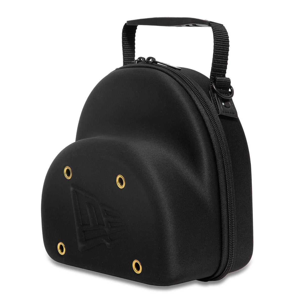 New Era Black 2Pk 59FIFTY Fitted Cap Carrier, three-quarter view showing the rounded black shell with a debossed logo on the rounded side, eyelets arranged in a pattern, a zip running along the edge, and a short strap on top.