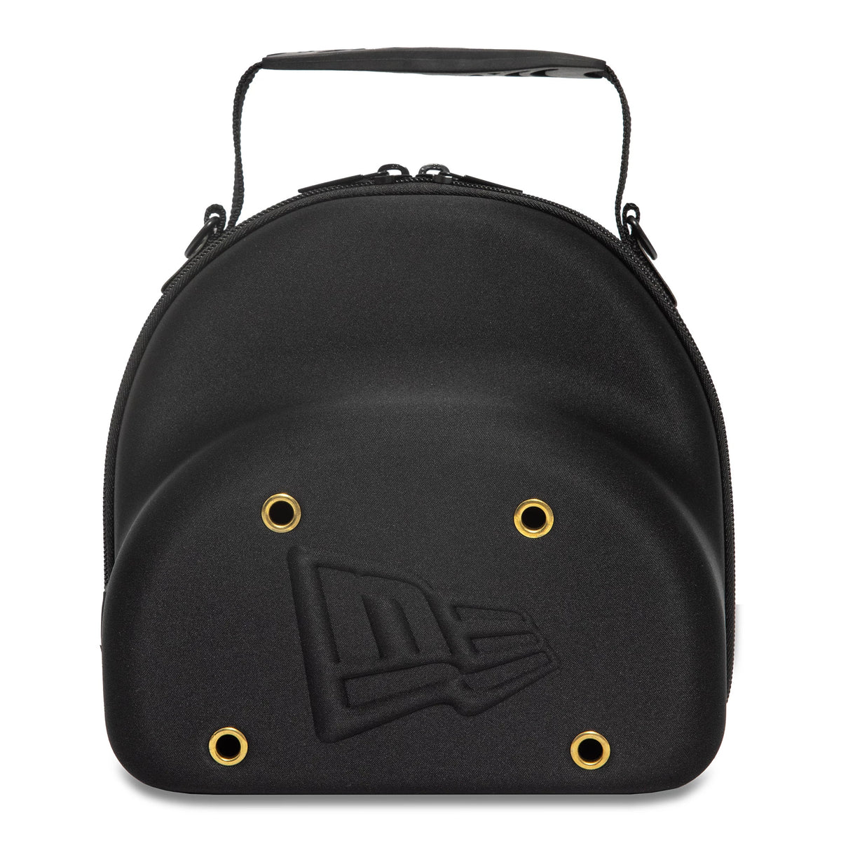 New Era Black 2Pk 59FIFTY Fitted Cap Carrier, front view showing the structured black shell with a debossed New Era logo on the lower half, four gold eyelets spaced above and the carry handle attached to the top.