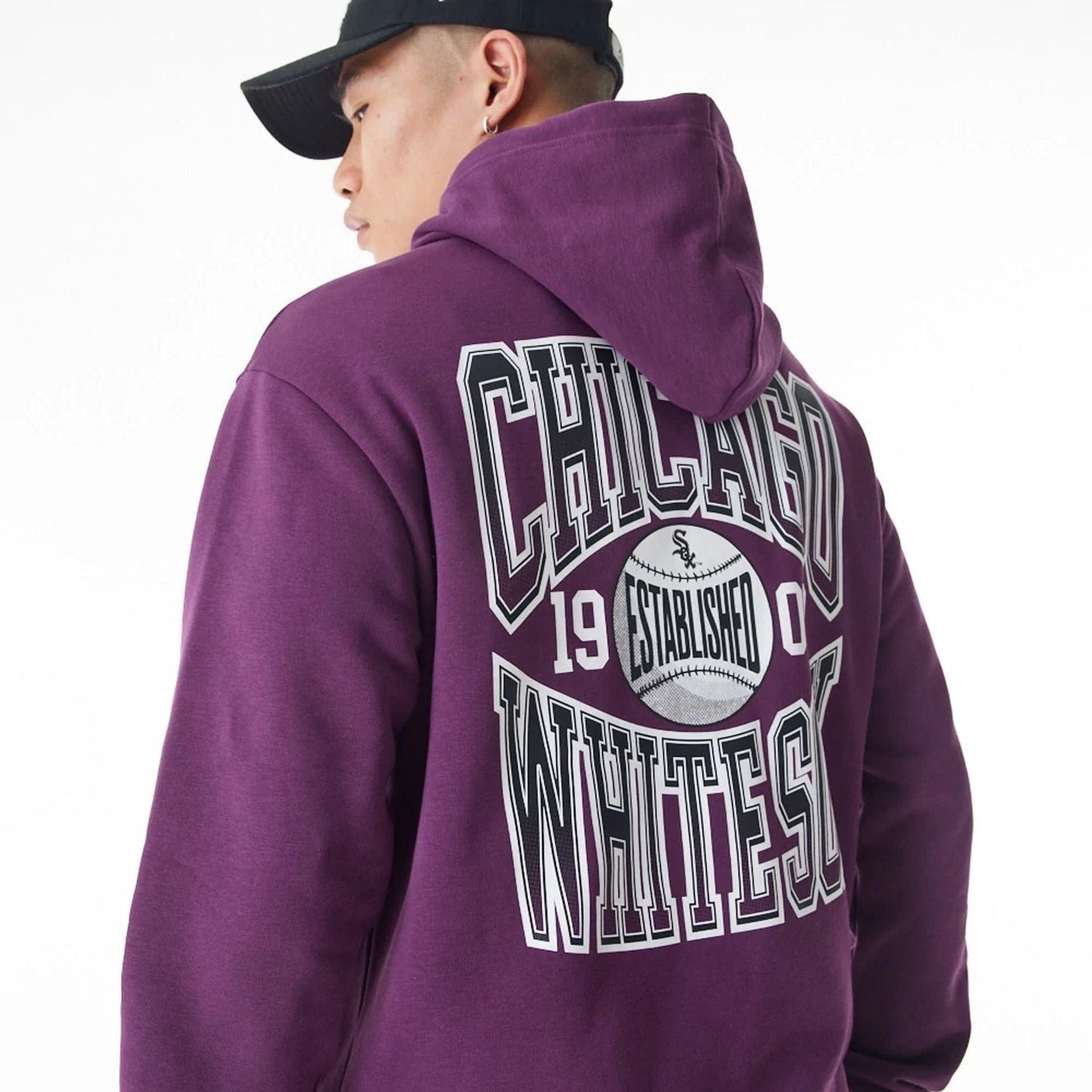 The Male model is wearing Chicago White Sox MLB Gradient Dark Purple Oversized Pullover Hoodie 10