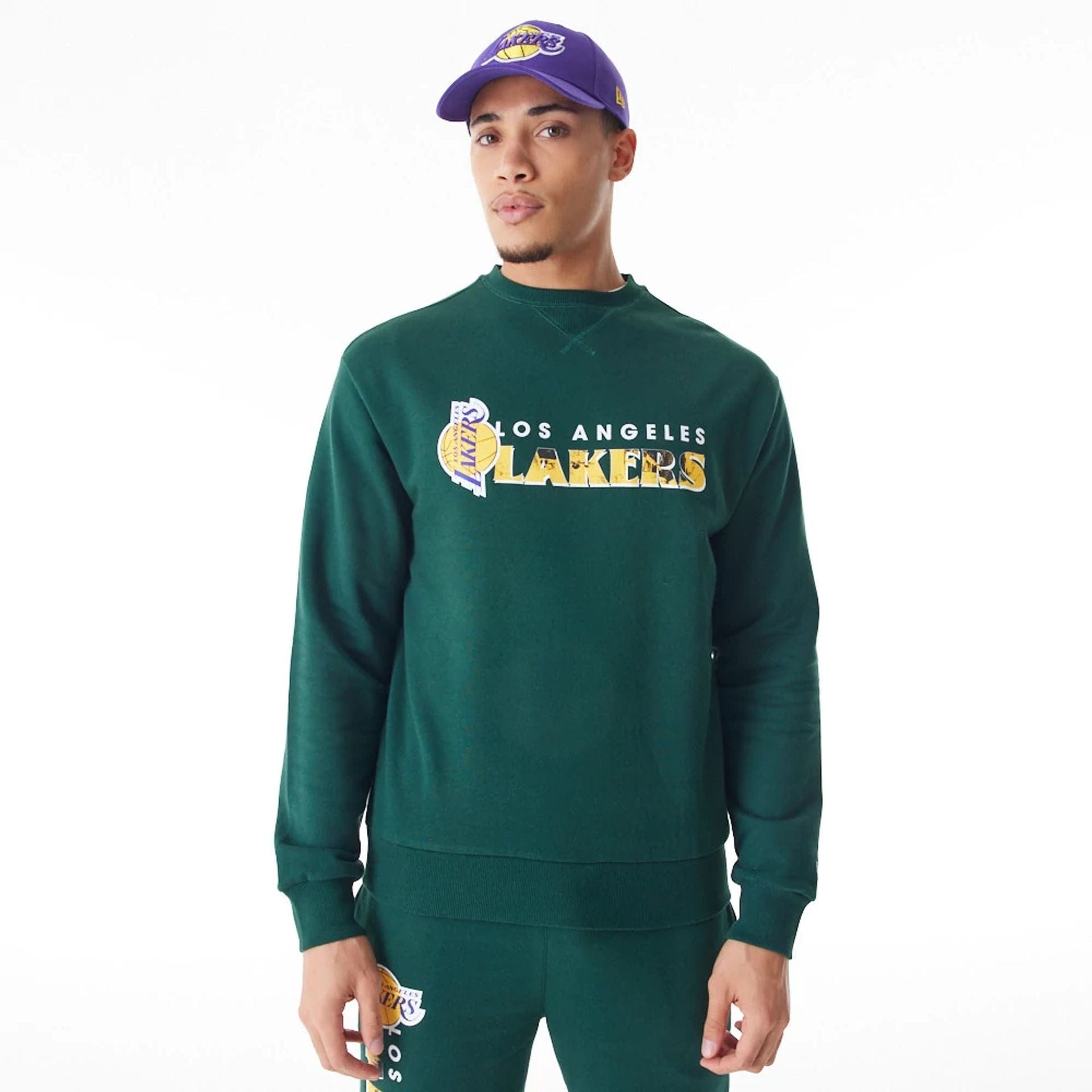 The Male model is wearing LA Lakers NBA Graphic Dark Green Crew Neck Sweater 2