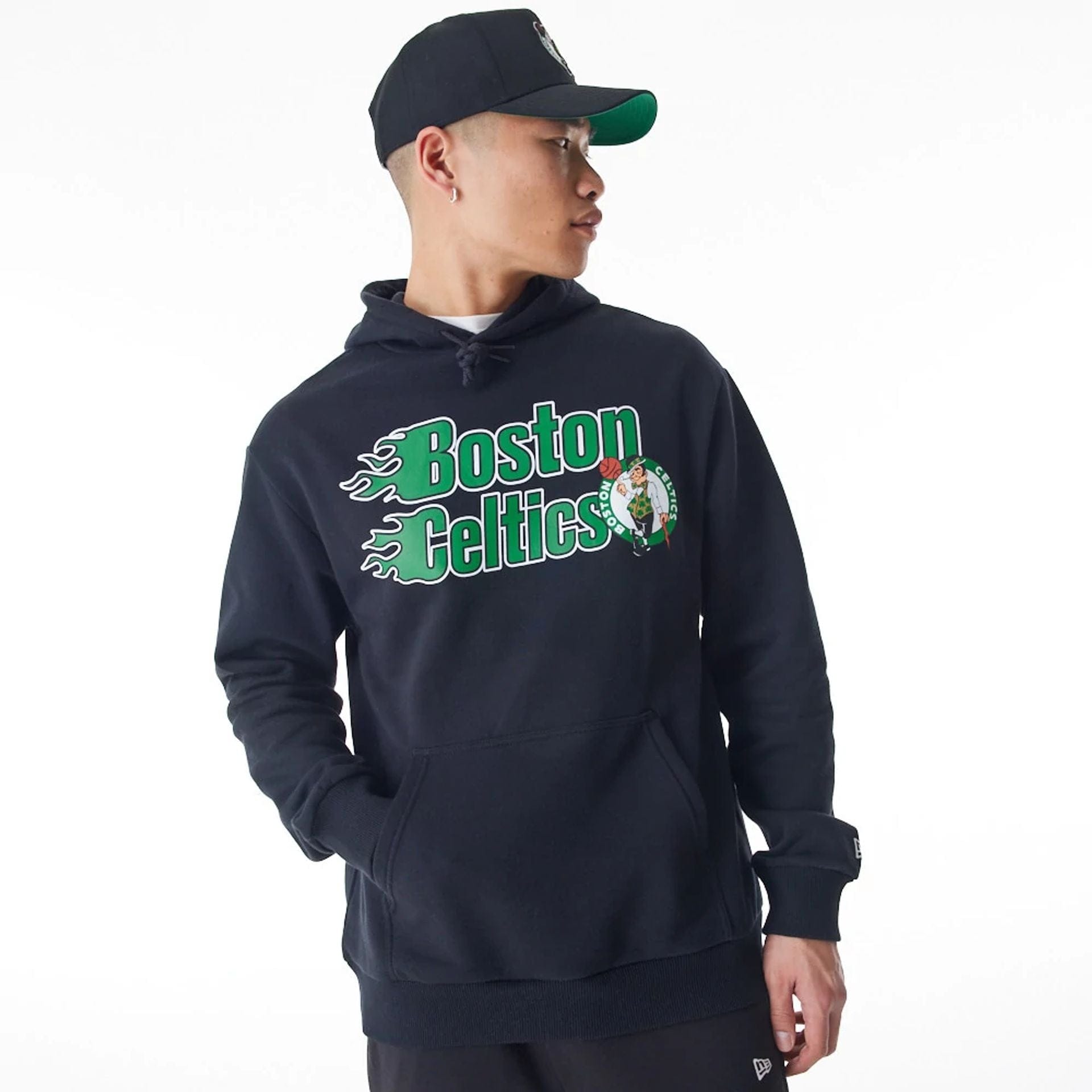 The Male model is wearing Boston Celtics NBA Flame Print Black Oversized Pullover Hoodie 1