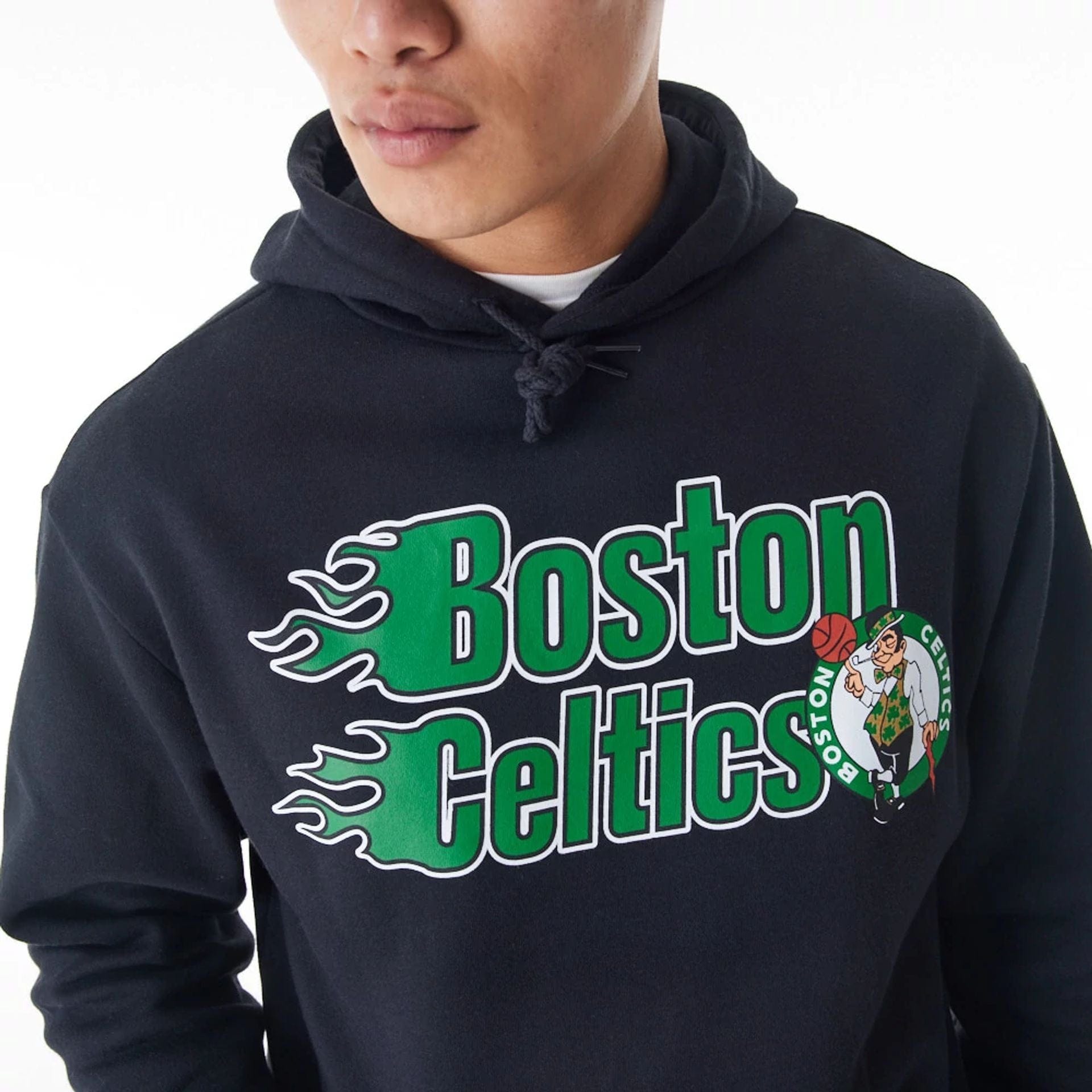 The Male model is wearing Boston Celtics NBA Flame Print Black Oversized Pullover Hoodie 2
