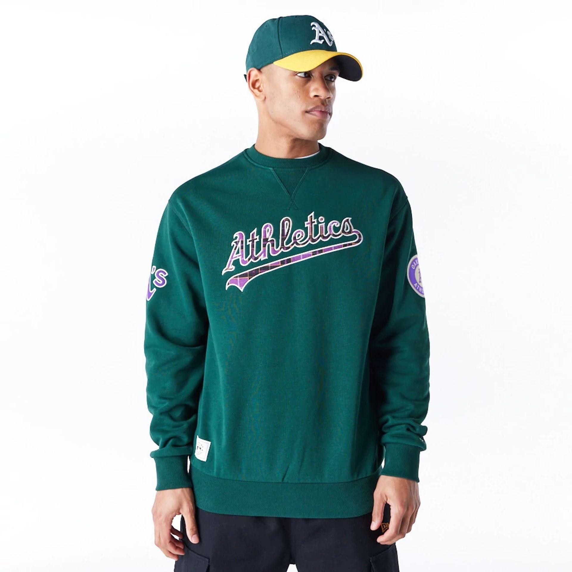 The Male model is wearing Oakland Athletics MLB Tartan Infill Dark Green Crew Neck Sweater 1