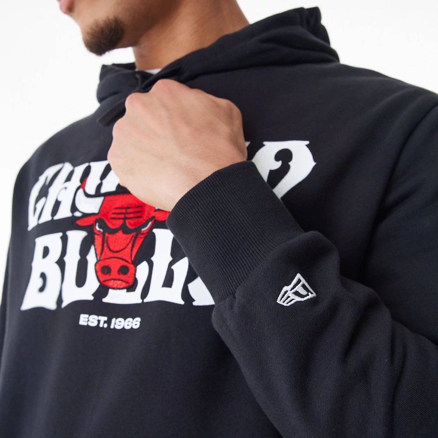 The Male model is wearing Chicago Bulls NBA Graphic Black Oversized Pullover Hoodie 13