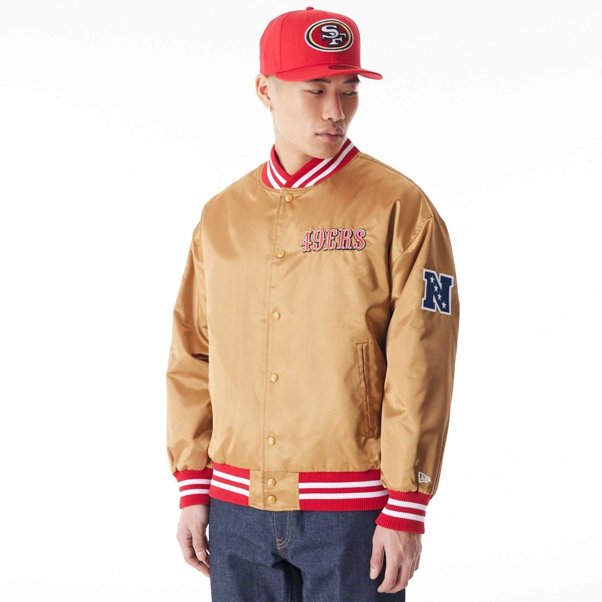 The Male model is wearing San Francisco 49Ers NFL Beige Satin Bomber Jacket 2