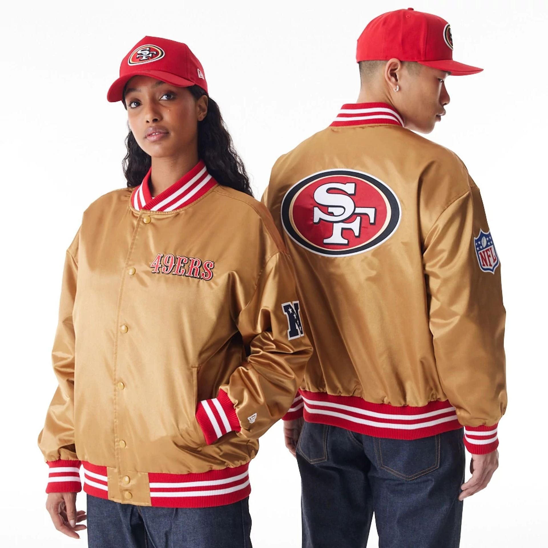 The Male model is wearing San Francisco 49Ers NFL Beige Satin Bomber Jacket 1