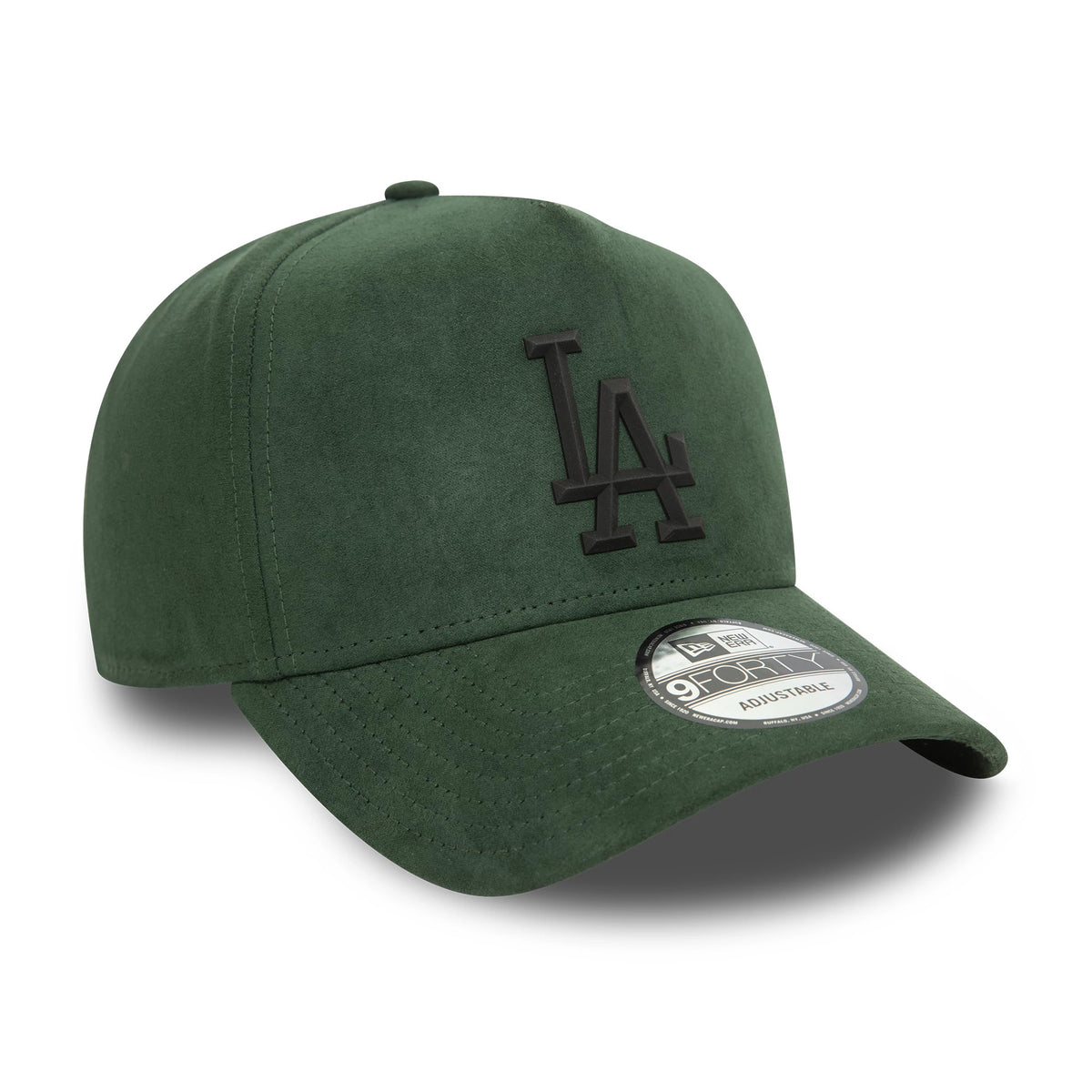 LA Dodgers Faux Suede Dark Green New Era 9FORTY E-Frame Cap, three-quarter view showing the black raised embroidered LA logo on the structured front panel, curved dark green visor and 9FORTY size sticker.