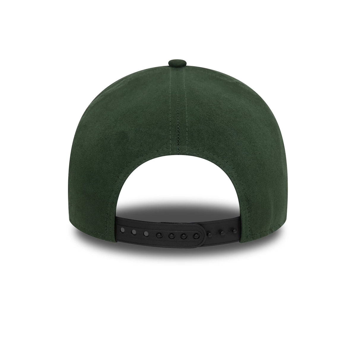 LA Dodgers Faux Suede Dark Green New Era 9FORTY E-Frame Cap, rear view showing the open back design with an adjustable black strap, highlighted by the seamless faux suede dark green panels and matching top button.