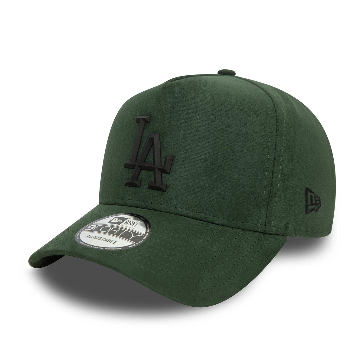 LA Dodgers Faux Suede Dark Green New Era 9FORTY E-Frame Cap, three-quarter view showing the raised black LA logo on the front panel, dark green curved visor with a 9FORTY size sticker, and New Era flag logo on the left side.