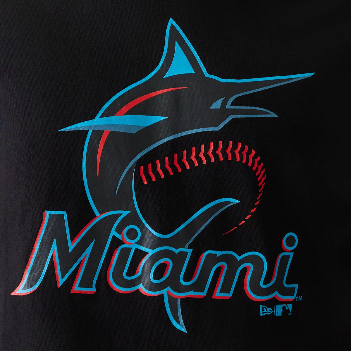 New Era Miami Marlins MLB Regular Black T-Shirt, front view showing a large blue and red Miami Marlins logo with a stylized marlin and baseball seam design, debossed logo near the lower edge of the shirt.