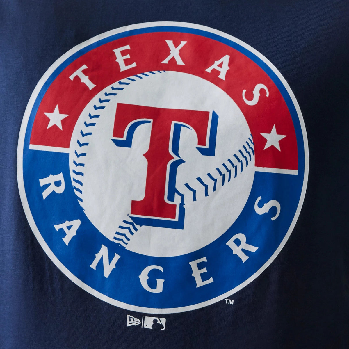 New Era Texas Rangers MLB Regular Dark Blue T-Shirt, front view featuring a large circular logo with red Texas and blue Rangers text, a central red T on a white background, baseball stitching, and a small white New Era logo lower centre.