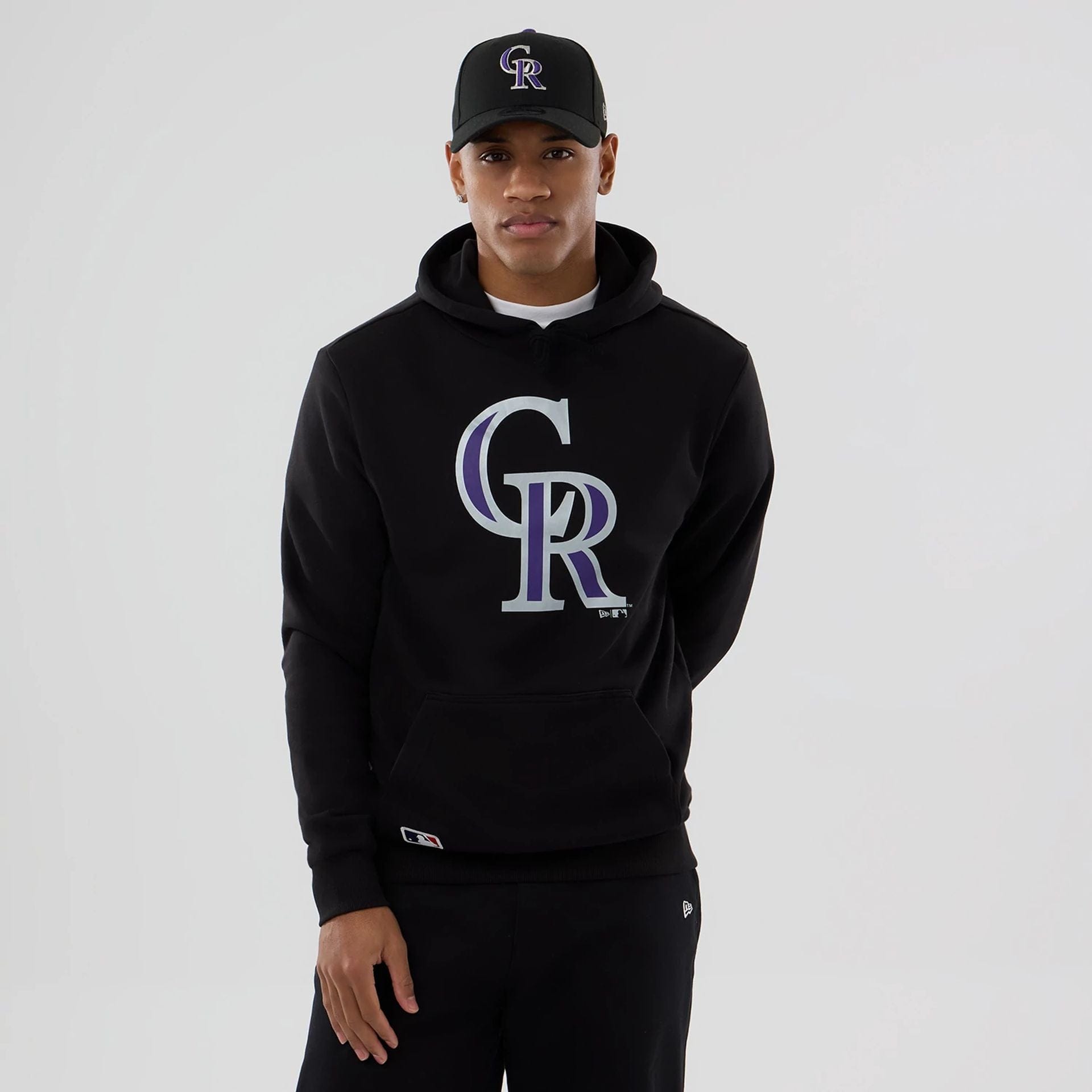 The Male model is wearing Colorado Rockies MLB Black Pullover Hoodie 1