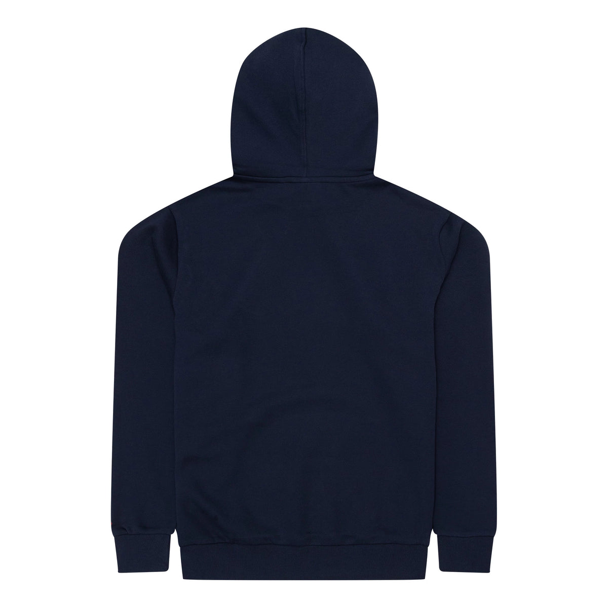 New Era Boston Red Sox MLB Regular Dark Blue Pullover Hoodie, rear view showing the plain dark blue back with a hood at the top and long sleeves, ribbed cuffs and hem completing the design.