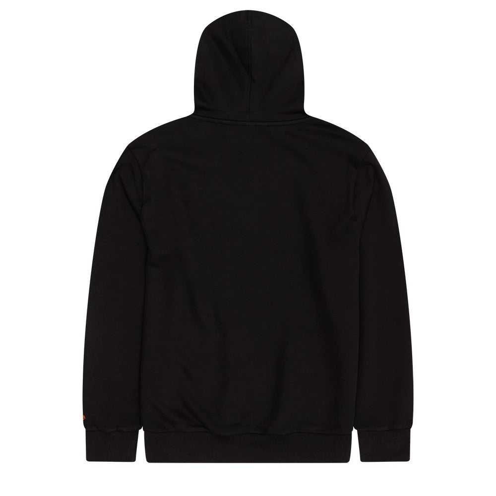 New Era Baltimore Orioles MLB Black Pullover Hoodie, rear view showing a plain black back with a hood attached at the top, ribbed cuffs and hem, and an embroidered Baltimore Orioles logo in orange on the lower left sleeve.