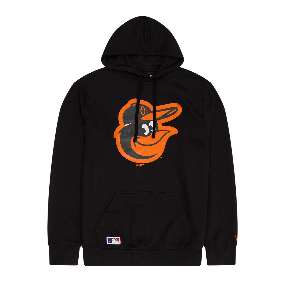New Era Baltimore Orioles MLB Black Pullover Hoodie, front view showing a large orange and black Orioles mascot logo printed on the chest, with a small MLB logo label at the bottom, on a classic black hoodie design with a drawstring hood.