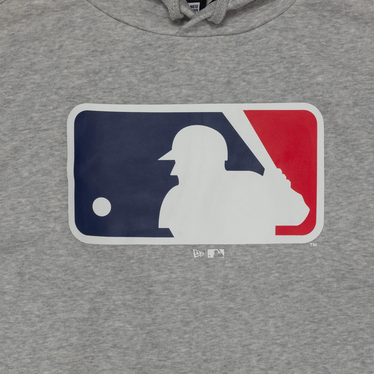 New Era MLB Generic Logo MLB Regular Grey Pullover Hoodie, front view showing a large MLB logo with navy, white, and red sections prominently displayed on the chest, beneath a grey hood with drawstrings.