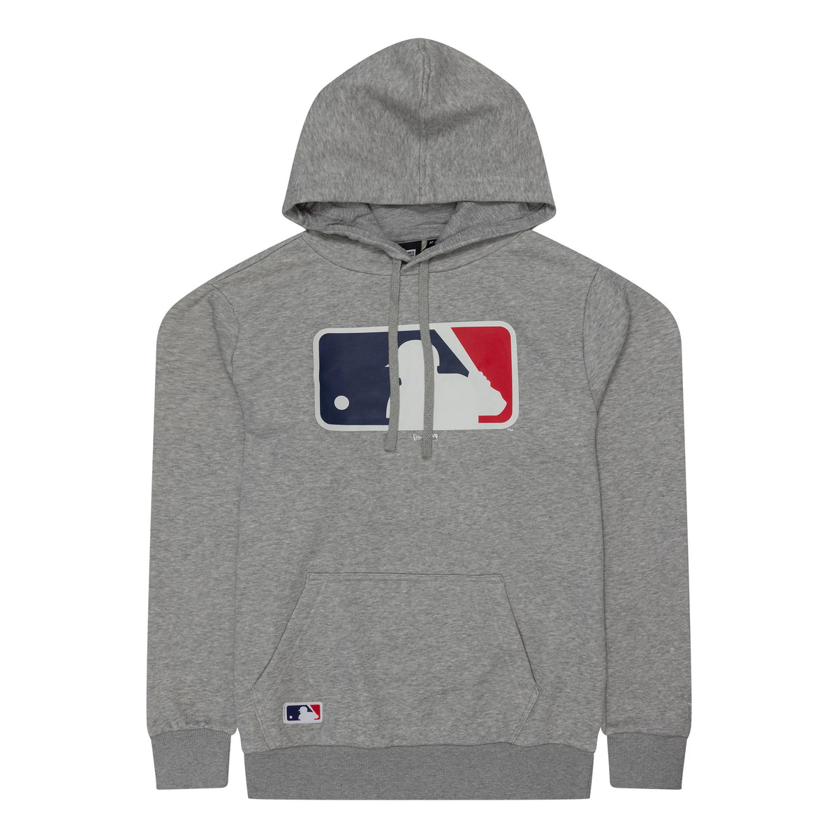 New Era MLB Generic Logo MLB Regular Grey Pullover Hoodie, front view showing the grey hoodie with a large central printed MLB logo on the chest, drawstring hood, and a small embroidered MLB logo at the bottom left of the front pocket.