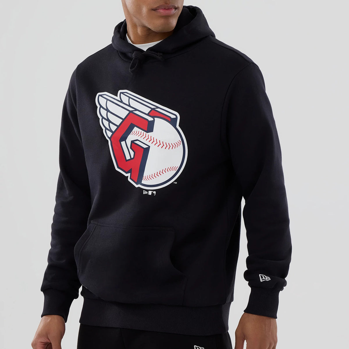 New Era Cleveland Guardians MLB Navy Pullover Hoodie, front view showing the large printed Guardians logo centred on the chest, a drawstring hood and a debossed New Era logo on the sleeve.