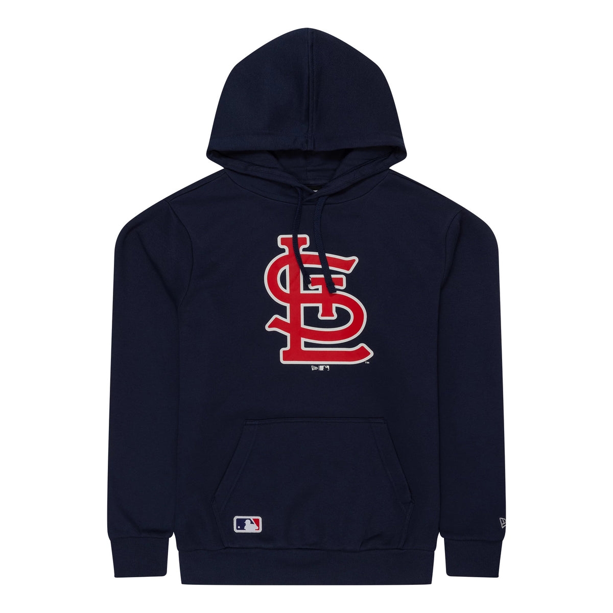 New Era St. Louis Cardinals MLB Regular Dark Blue Pullover Hoodie, front view showing a large red and white Cardinals logo on the chest, a front pocket at the bottom, and an MLB Batterman patch near the hem with a small New Era logo on the sleeve.