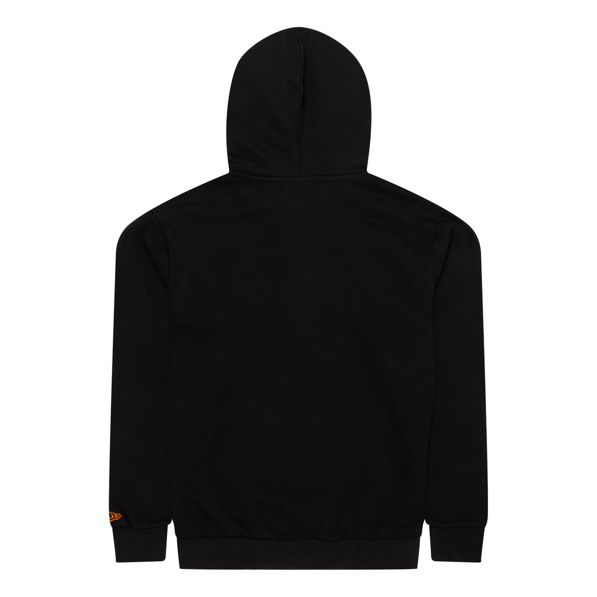 New Era New York Mets MLB Regular Black Pullover Hoodie, rear view showing the plain black back with a hood at the top, long sleeves, and an orange embossed New Era logo on the left cuff.