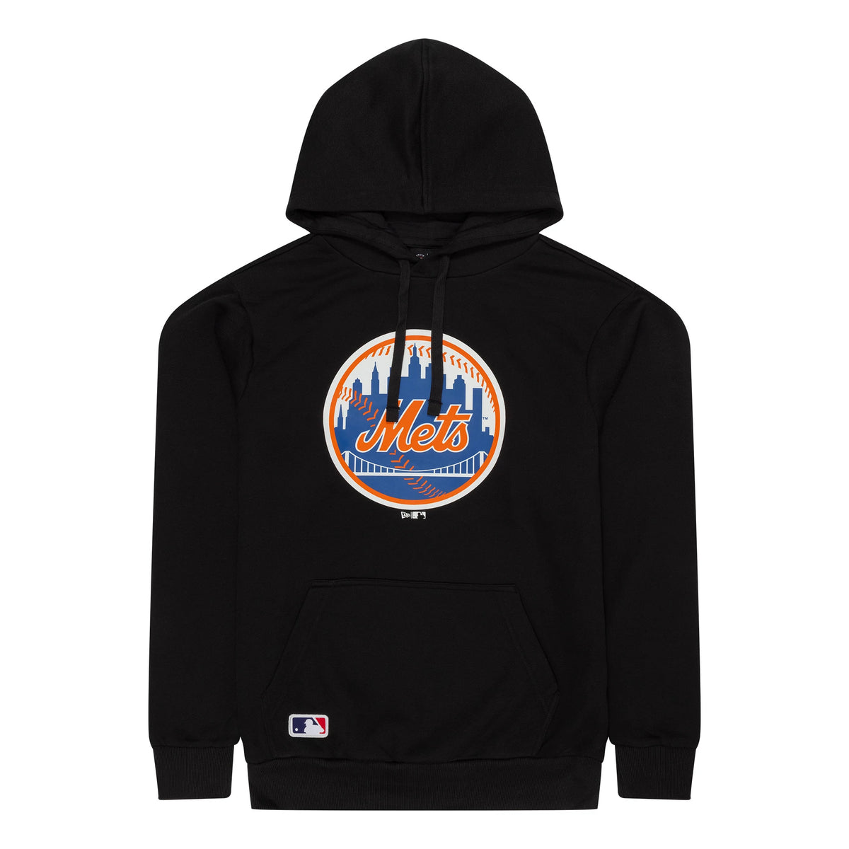 New Era New York Mets MLB Regular Black Pullover Hoodie, front view showing the large Mets logo with skyline and baseball details centred on the chest, a drawstring hood and ribbed cuffs, with a small MLB logo near the left hem.