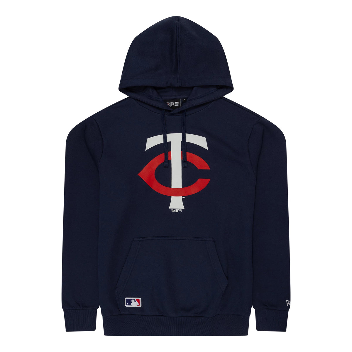 New Era Minnesota Twins MLB Regular Dark Blue Pullover Hoodie, front view showing the large TC logo in white and red centred on the chest, drawstrings at the hood, a kangaroo pocket below, and a small MLB logo on the lower front.
