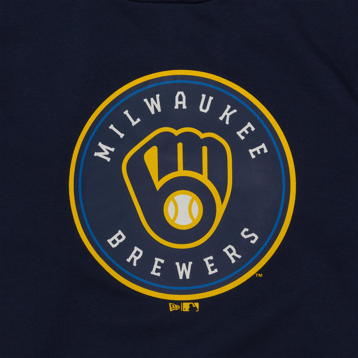 New Era Milwaukee Brewers MLB Regular Dark Blue Pullover Hoodie, front view featuring a large circular team logo with a yellow outline and a stylized glove design, centred on the chest with a debossed New Era logo below.