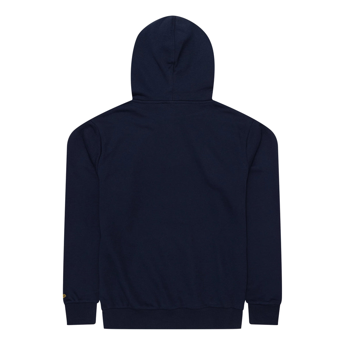 New Era Milwaukee Brewers MLB Regular Dark Blue Pullover Hoodie, rear view showing the dark blue fabric with an attached hood, ribbed cuffs and hem, and a small raised logo on the lower left sleeve.
