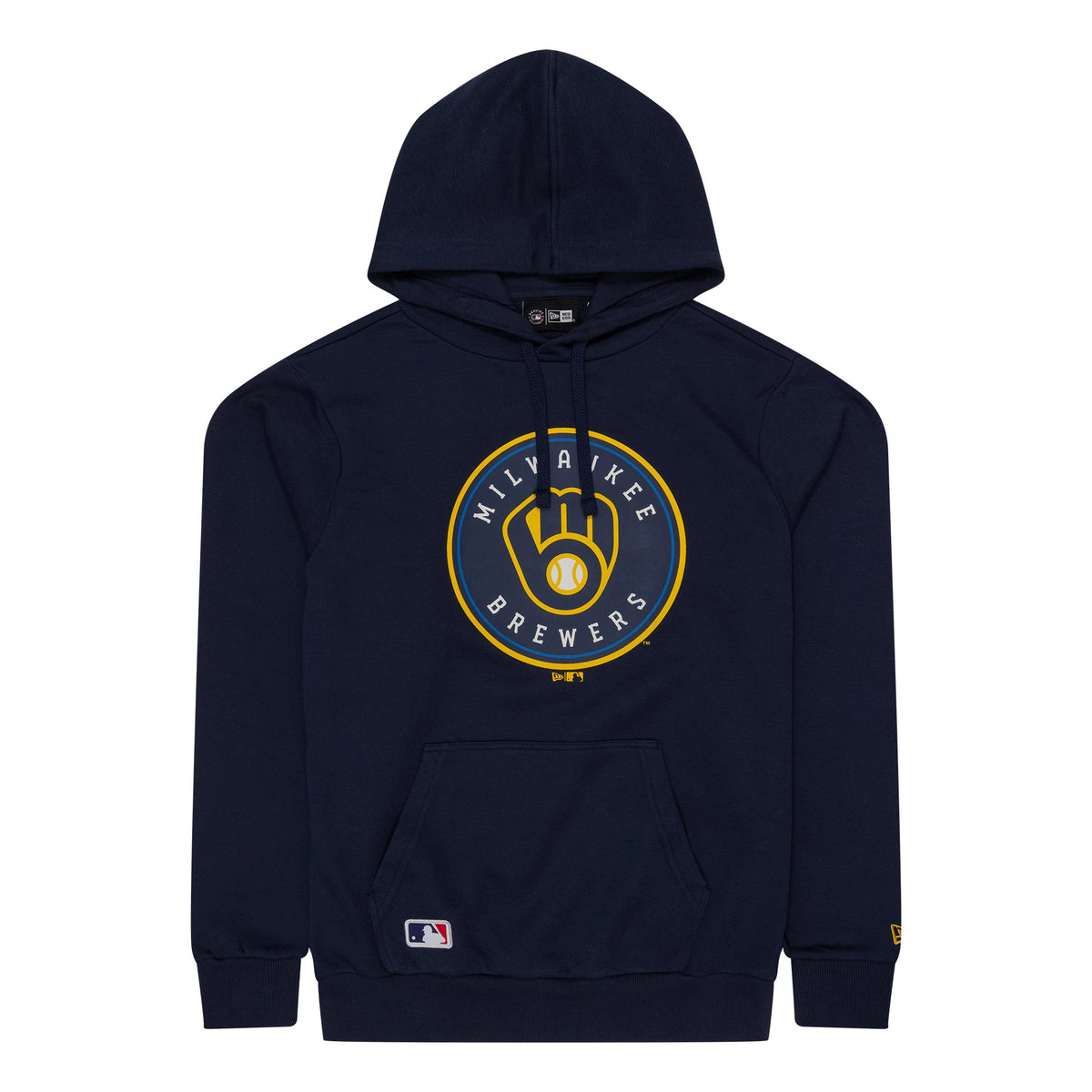 New Era Milwaukee Brewers MLB Regular Dark Blue Pullover Hoodie, front view showing a large circular Brewers logo centred on the chest in yellow and blue, a front pocket below, and an embroidered MLB logo at the bottom corner.