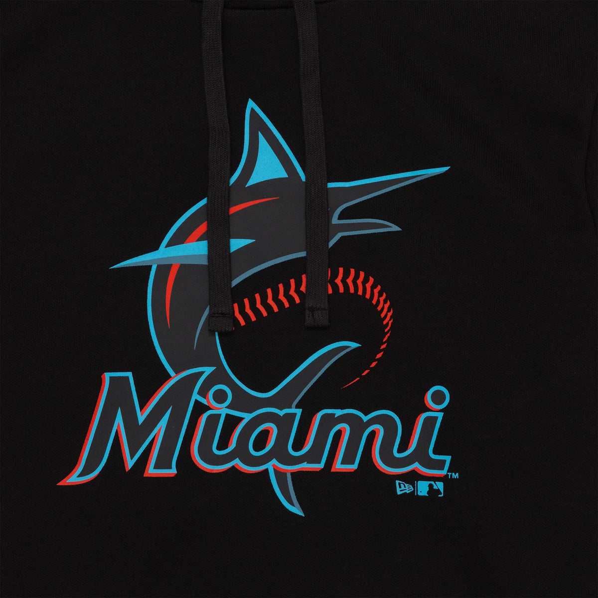 New Era Miami Marlins MLB Regular Black Pullover Hoodie, front view showing an aqua and red Marlins logo with a baseball design above the word Miami printed on the chest, with black drawstrings hanging from the hood.