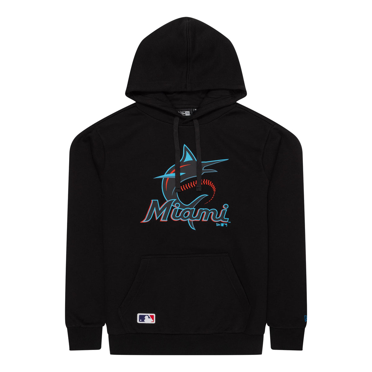 New Era Miami Marlins MLB Regular Black Pullover Hoodie, front view showing the colourful Miami Marlins logo on the chest, a spacious hood with black drawstrings, and a small MLB logo patch near the bottom hem.