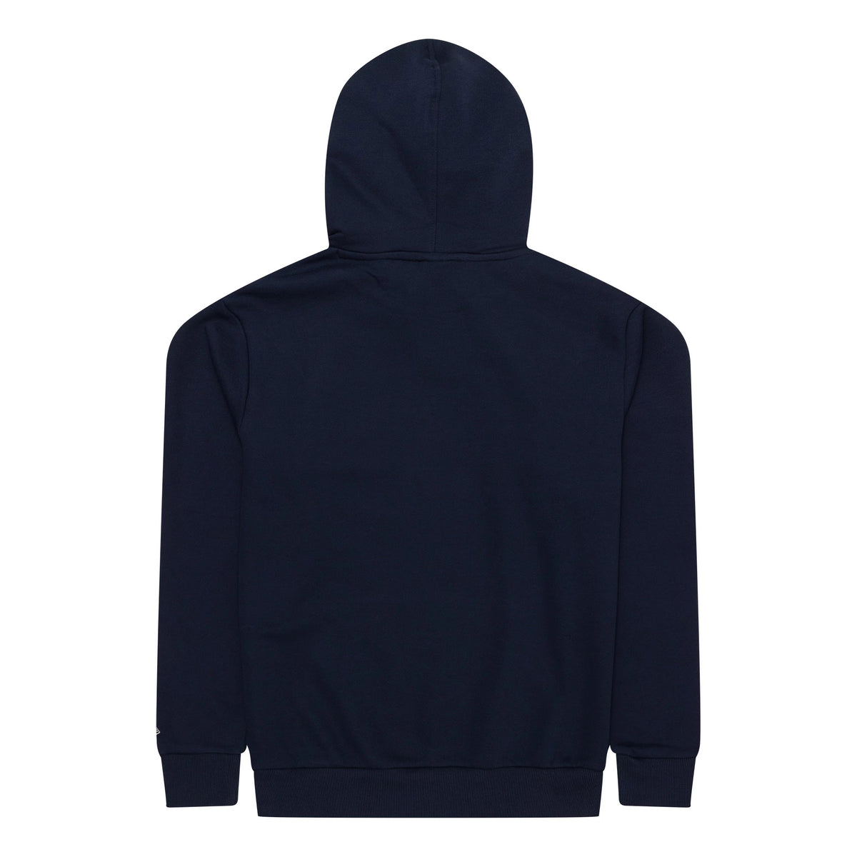 New Era Tampa Bay Rays MLB Regular Dark Blue Pullover Hoodie, rear view showing the plain dark blue back with an attached hood, ribbed cuffs, and hem, with a small raised New Era logo on the left cuff.
