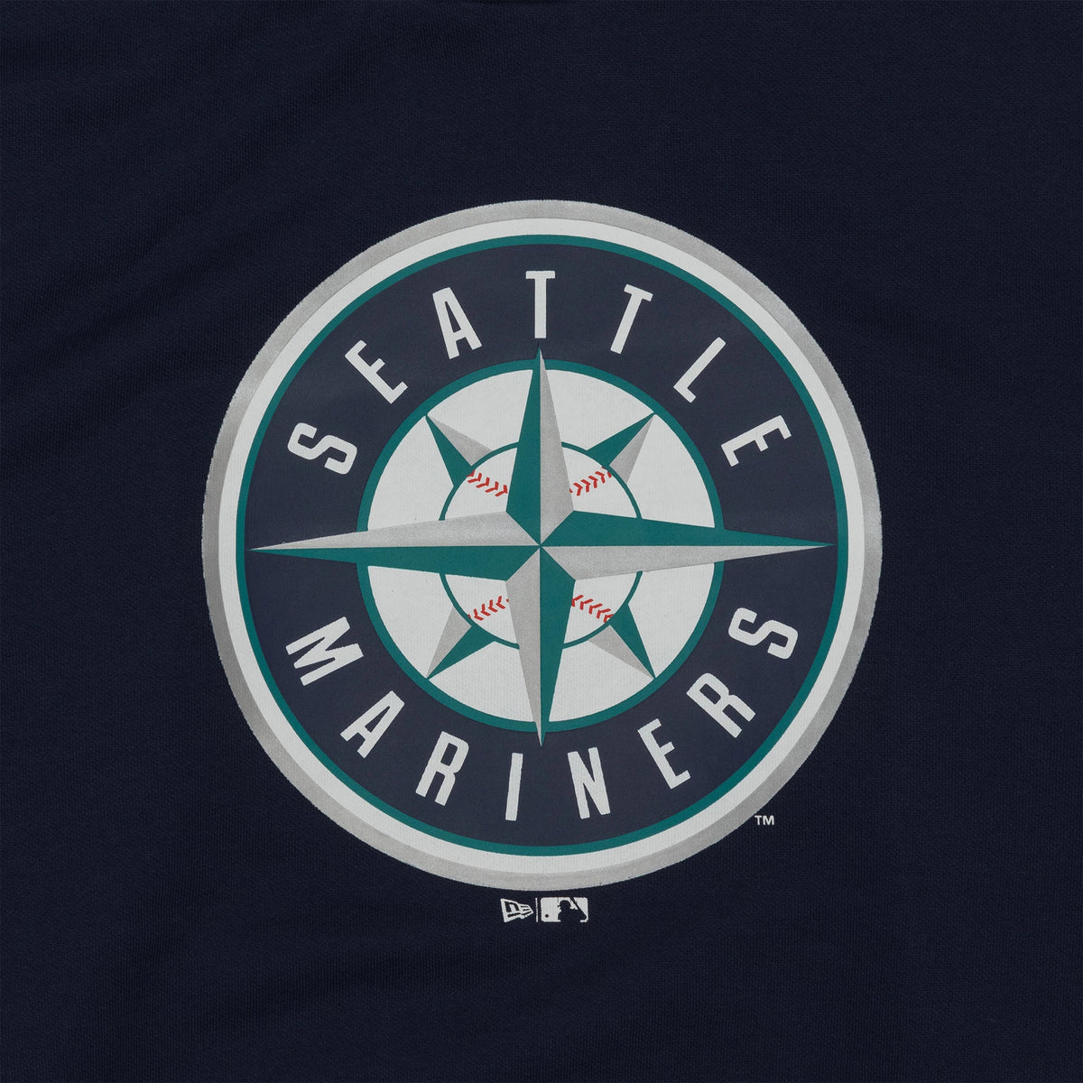 New Era Seattle Mariners MLB Regular Dark Blue Pullover Hoodie, front view featuring a large printed Mariners logo centred on the chest with a debossed New Era logo and MLB logo below it.