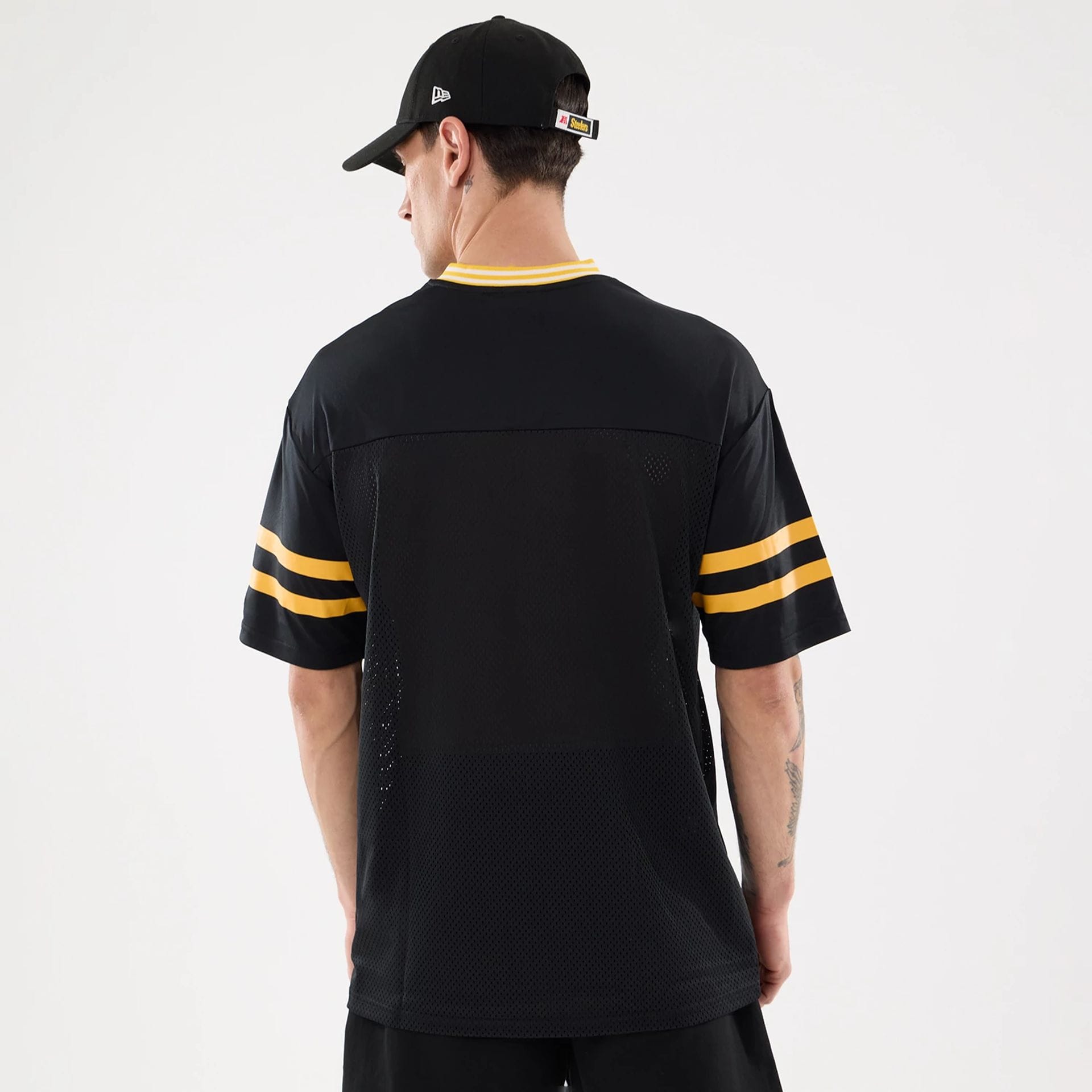 The Male model is wearing Pittsburgh Steelers NFL Mesh Black Mesh Jersey 2