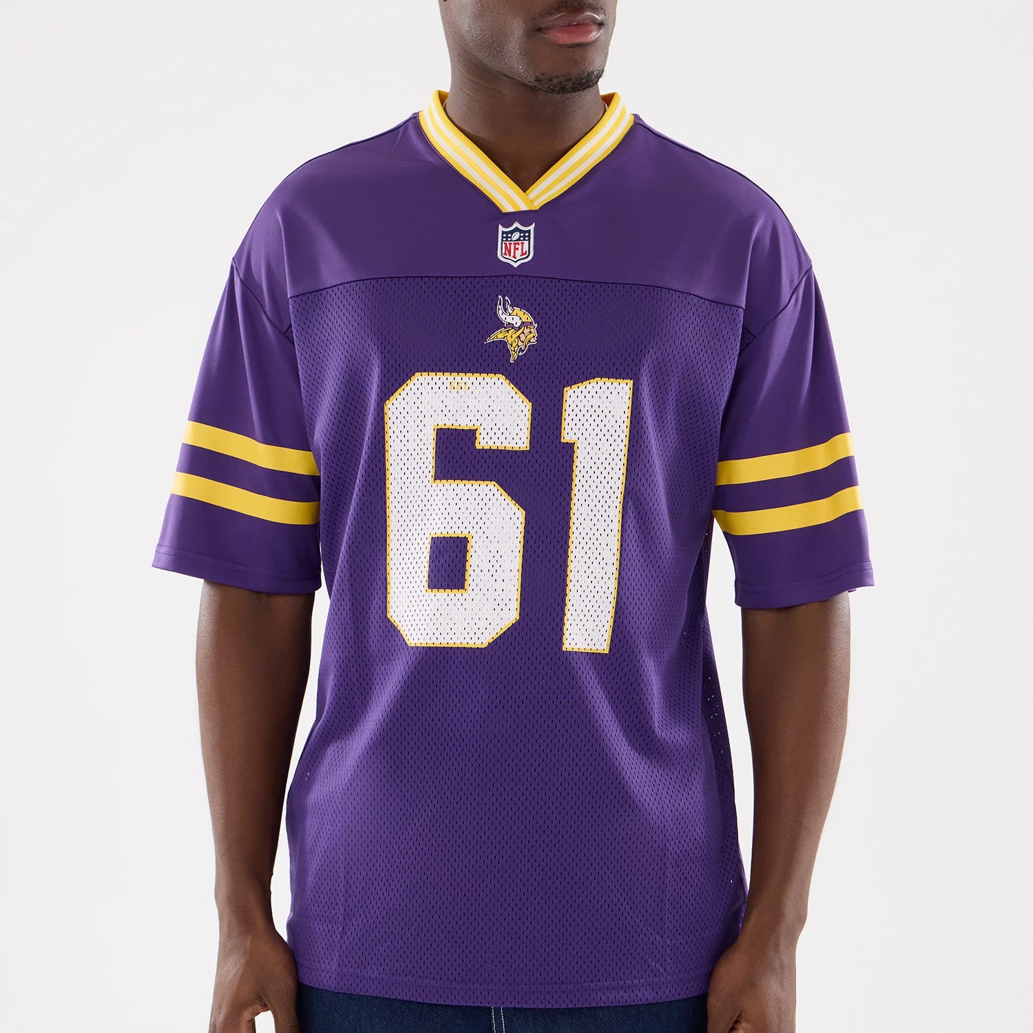The Male model is wearing Minnesota Vikings NFL Mesh Purple Mesh Jersey 3