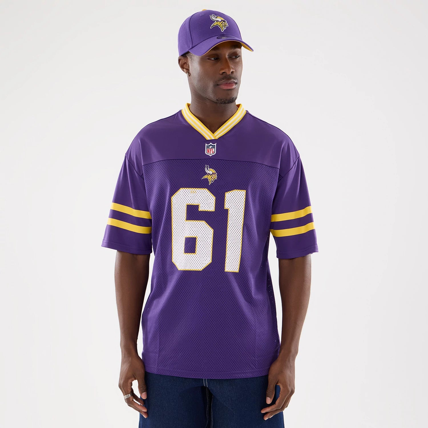 The Male model is wearing Minnesota Vikings NFL Mesh Purple Mesh Jersey 1