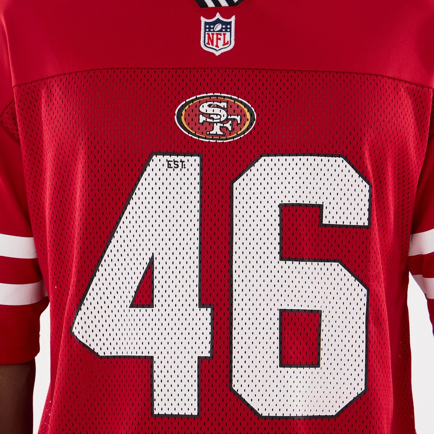 The Male model is wearing San Francisco 49ers NFL Mesh Red Mesh Jersey 3