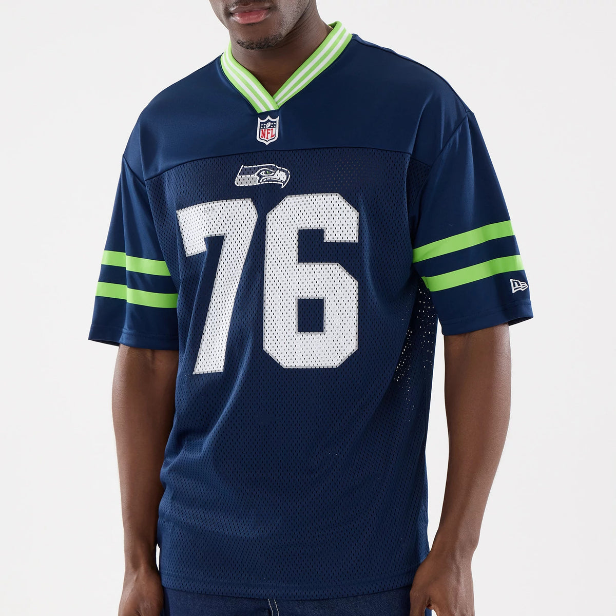 The Male model is wearing Seattle Seahawks NFL Mesh Dark Blue Mesh Jersey 3