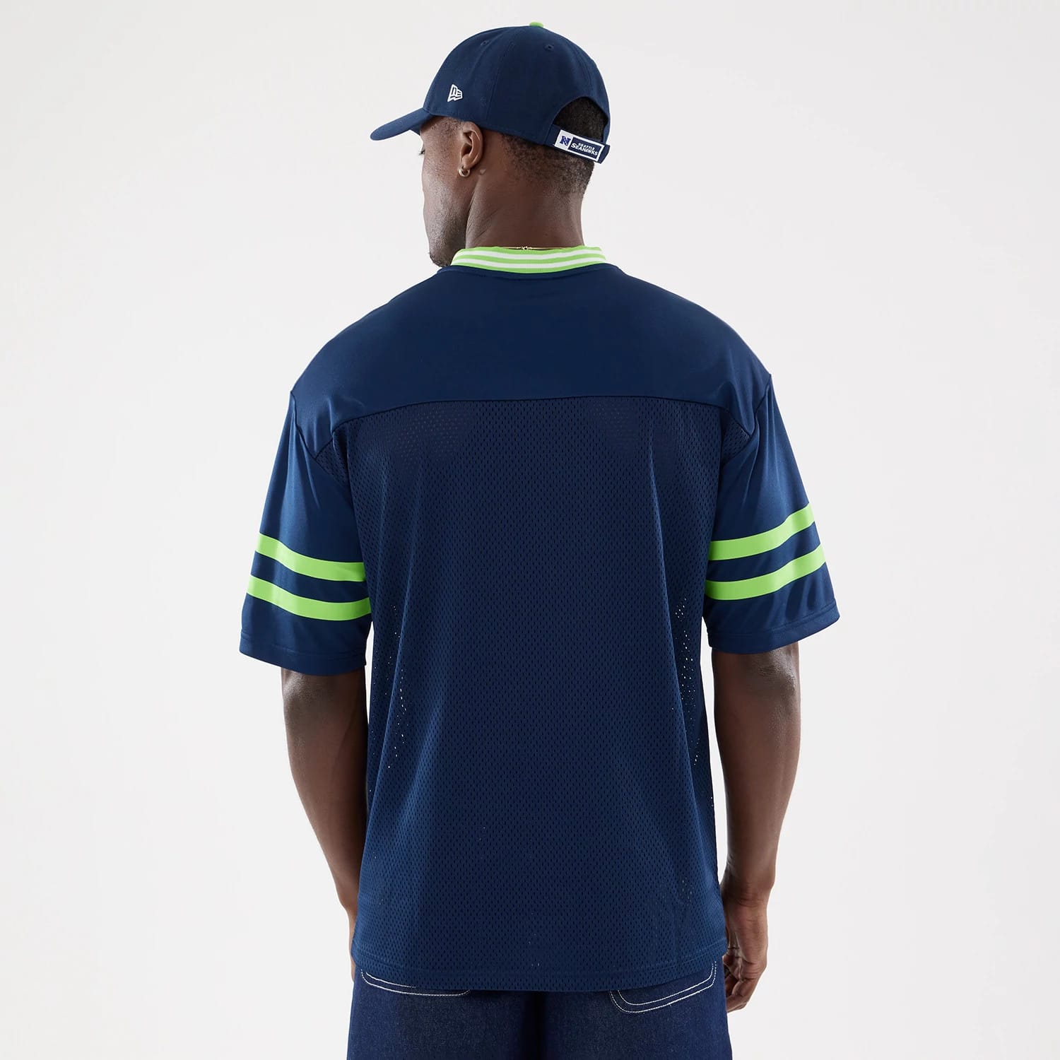 The Male model is wearing Seattle Seahawks NFL Mesh Dark Blue Mesh Jersey 2