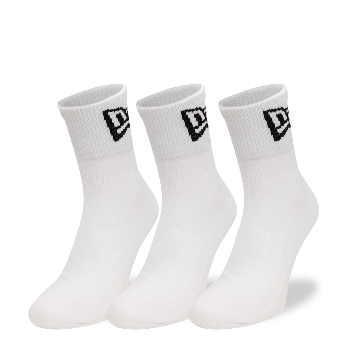 New Era Flag 3-Pack White Short Crew Socks, front view showing three pairs of plain white socks standing upright with a black embroidered New Era logo on the ribbed cuff near the top of each sock.