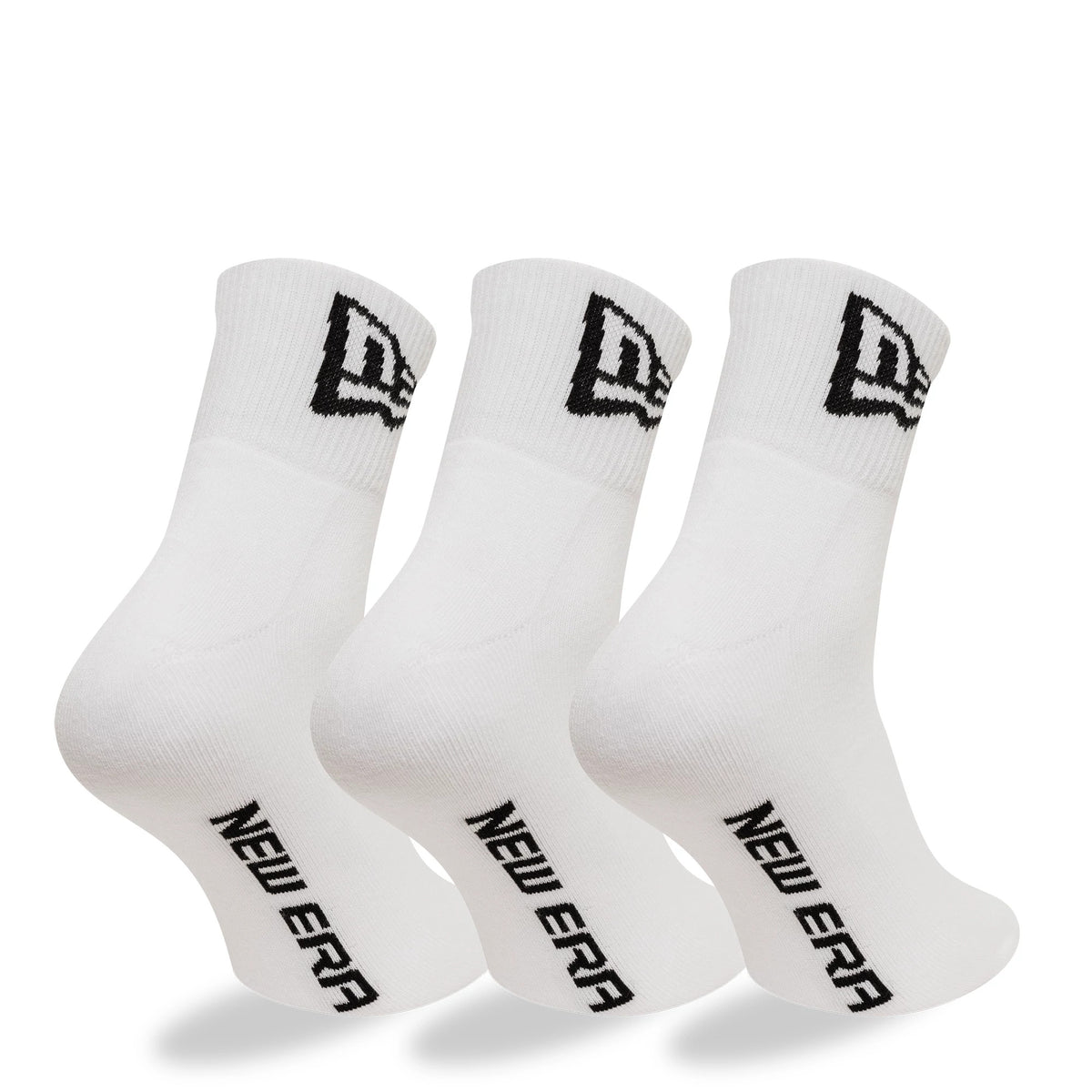New Era Flag 3-Pack White Short Crew Socks, side view showing three pairs of white socks standing upright with a black raised New Era logo on the ankle and NEW ERA text along the bottom of the foot.