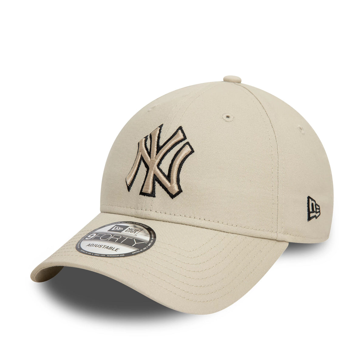New York Yankees Team Outline Cream New Era 9FORTY Adjustable Cap, three-quarter view showing the raised black and cream embroidered NY logo on the front panel, cream curved visor with a 9FORTY size sticker, and New Era flag logo on the left side.