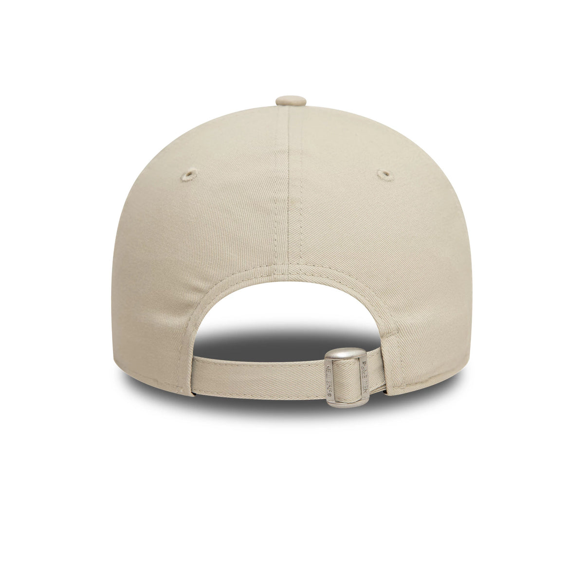 New York Yankees Team Outline Cream New Era 9FORTY Adjustable Cap, rear view showing the cream fabric strap with a metal buckle closure and matching top button on the smooth crown.