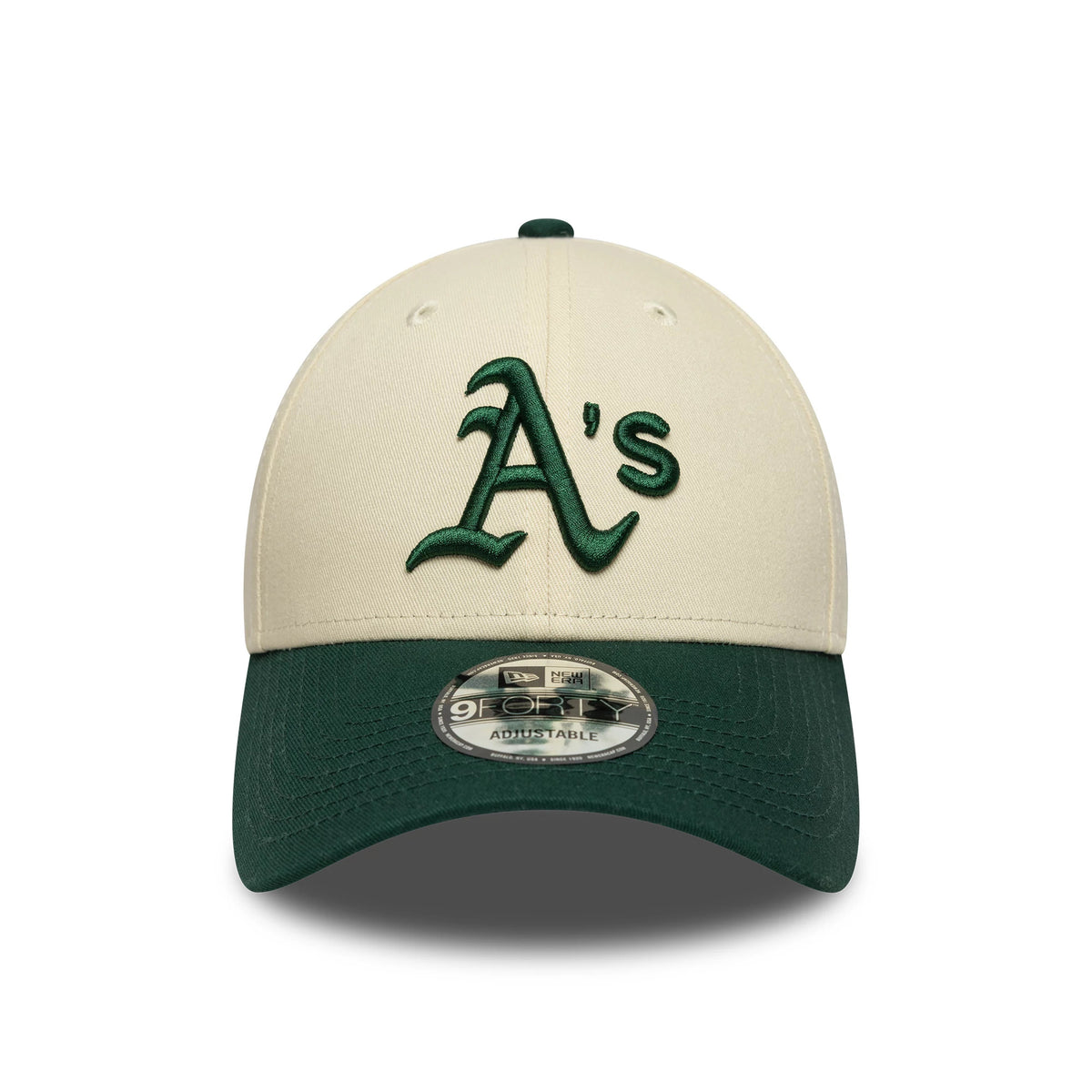 Athletics Colour Block Cream New Era 9FORTY Adjustable Cap, front view showing a raised green A's logo on the cream front panel, with a dark green visor and a 9FORTY size sticker on top.